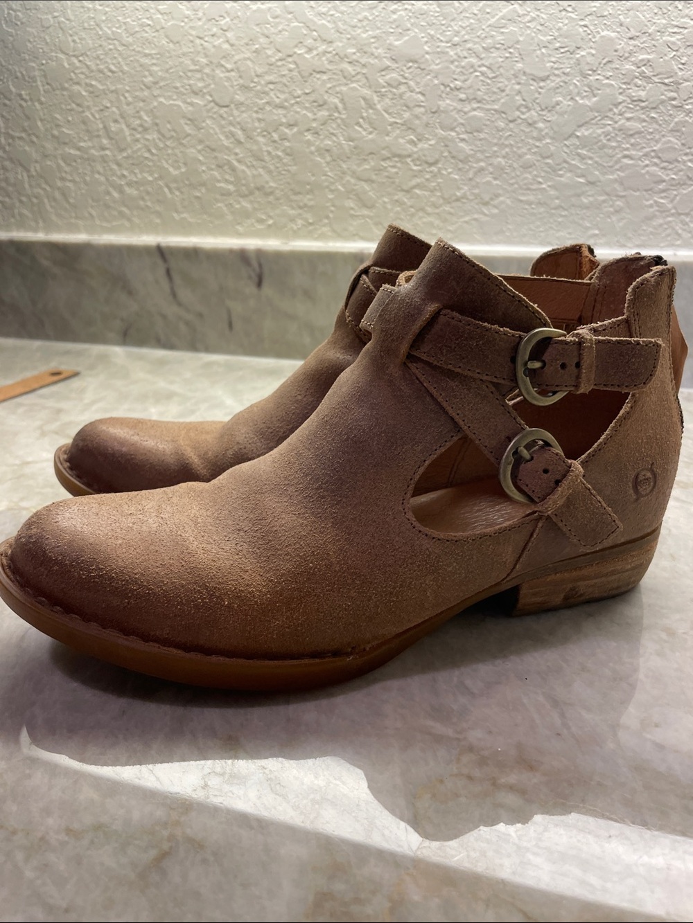 Börn Women's Tan Suede Ankle Booties with Buckle Detail